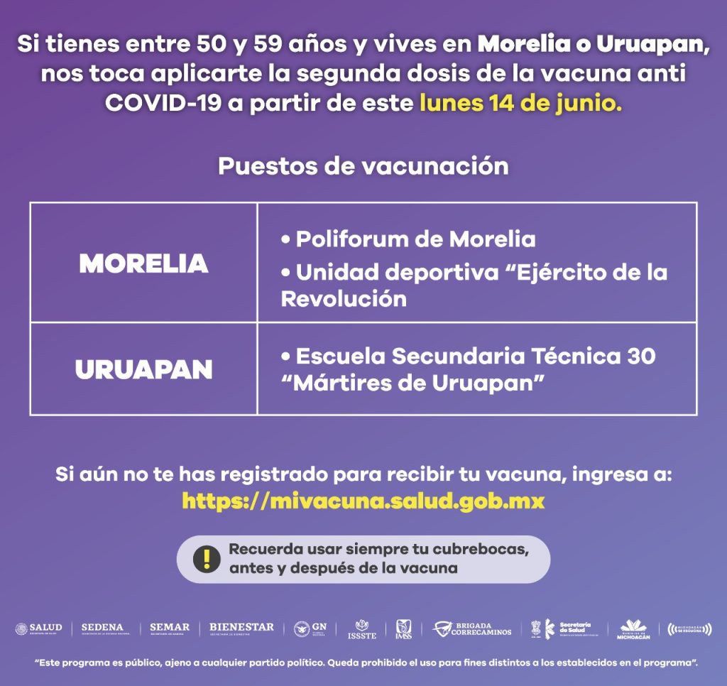 Inicia aplicación de segundas dosis a grupo de 50 a 59 años en Morelia y Uruapan
